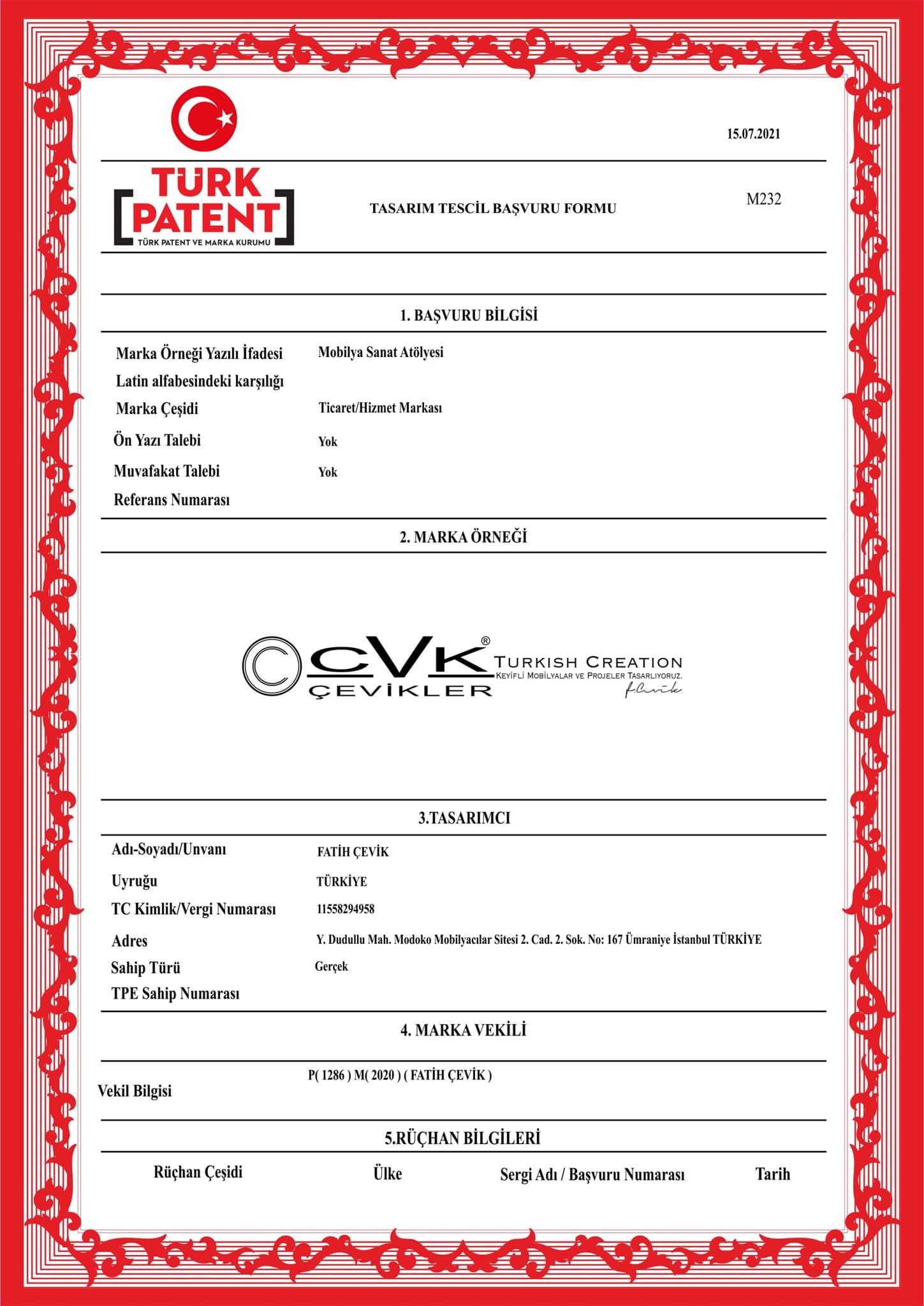 Efe Salon Takımı Patent Belgemiz